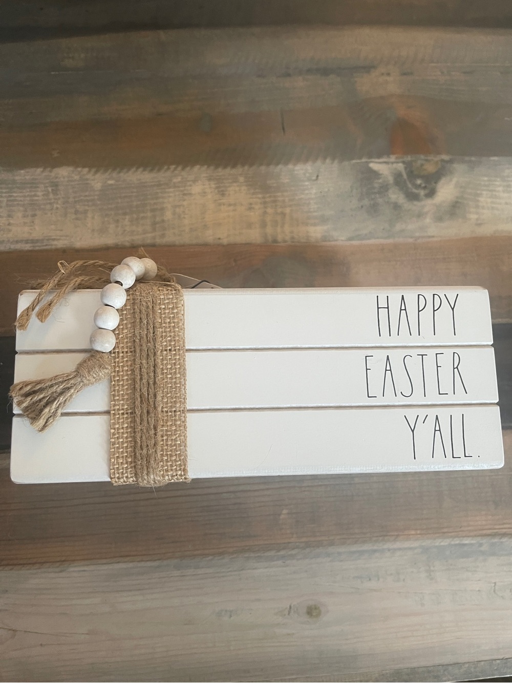 Rae Dunn White "Happy Easter Y'all" Stacked Book Decor with Jute and Beads